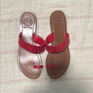 Tory Burch Red and Tan Slide Sandals